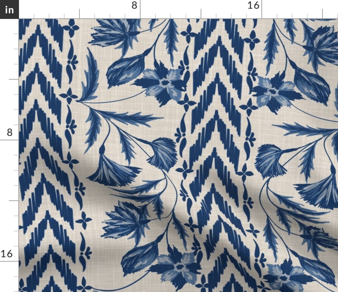 Folk Floral Stripe Large Scale Blue Tan Chintz Flowers Custom Printed Fabric by Spoonflower Various Fabrics by the Yard or Fat Quarter
